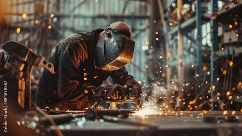 Photo of close-up view of professional welder concentrating with protective mask working with metal and sparks in fabric factory