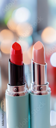 Close-Up of Red and Pink Lipstick Tubes on Reflective Surface - Beauty Product Photography for Makeup and Cosmetics Stock Image