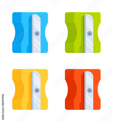 Set of pencil sharpener icons in blue, green, yellow, and red colors. Flat vector illustration isolated on white background. Stationery and school supplies concept. Perfect for educational materials