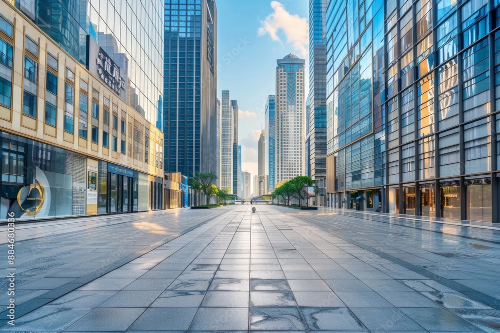 An empty street in the center of the frame, surrounded by skyscraper buildings An empty street in the center of the frame, surrounded by skyscraper buildings