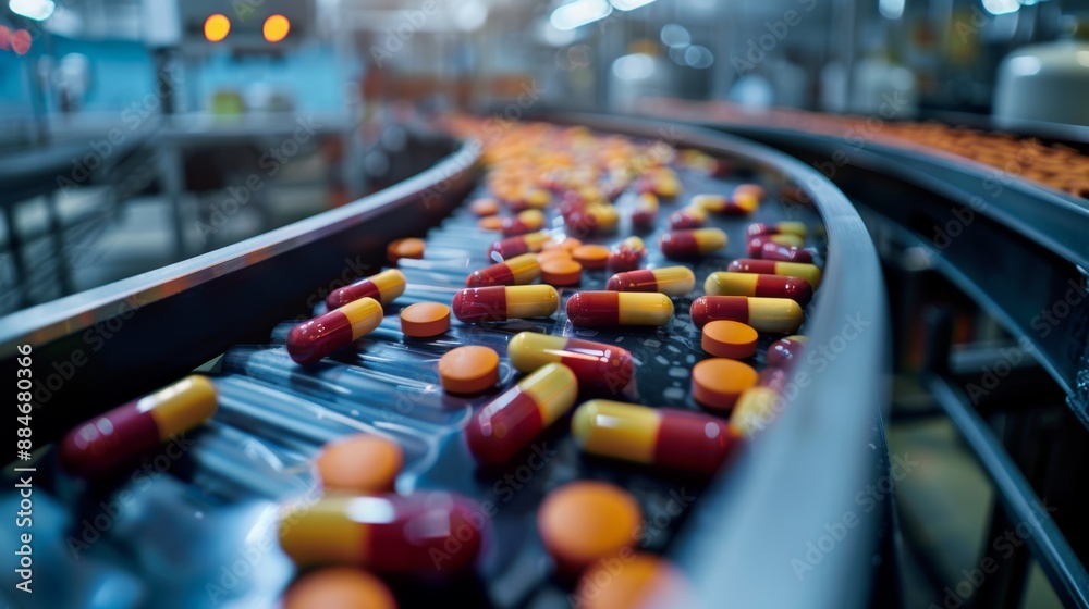 Photo of closing production of pharmaceutical pills, pharmaceutical industry, transferring pill bottles on a conveyor belt.