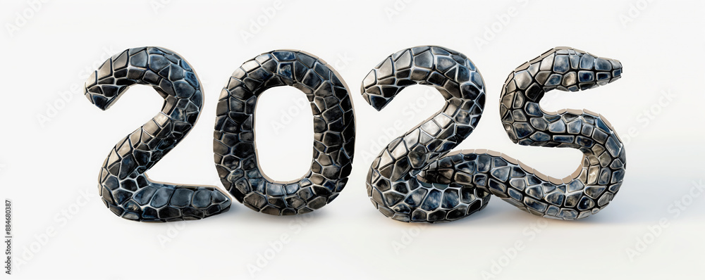 The inscription 2025 made of stone or metal with a snake pattern standing on a white background The inscription 2025 made of stone or metal with a snake pattern standing on a white background