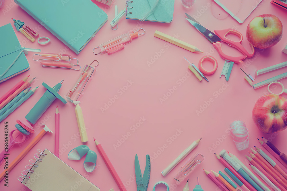 School supplies arranged around a pink background in a whimsical and colorful way. Generated by AI. School supplies arranged around a pink background in a whimsical and colorful way. Generated by AI.