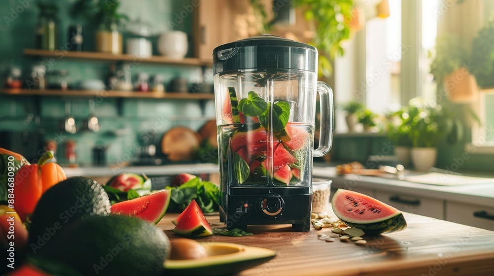 Fresh avocado and fruit with a blender in kitchen Fresh avocado and fruit with a blender in kitchen