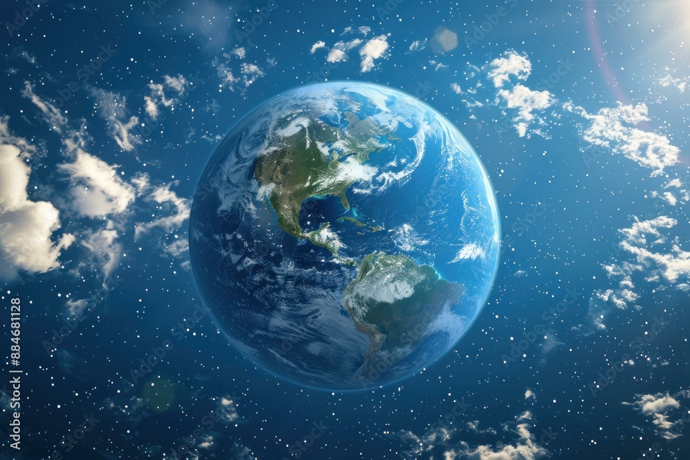 A stunning view of the earth from space, showcasing continents under daylight and a beautiful sun flare A stunning view of the earth from space, showcasing continents under daylight and a beautiful sun flare