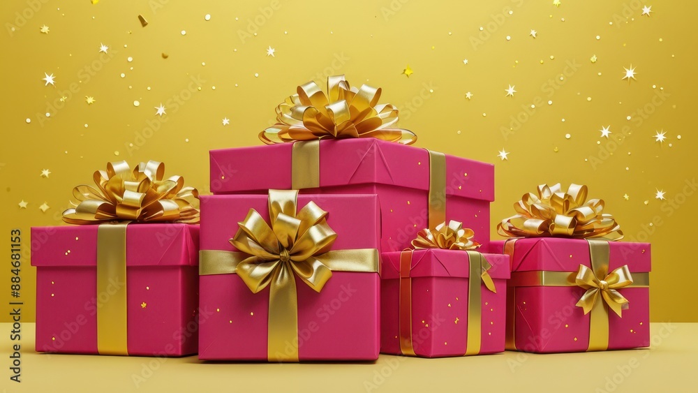 Pink Gift Boxes with Gold Bows and Confetti. Pink Gift Boxes with Gold Bows and Confetti.