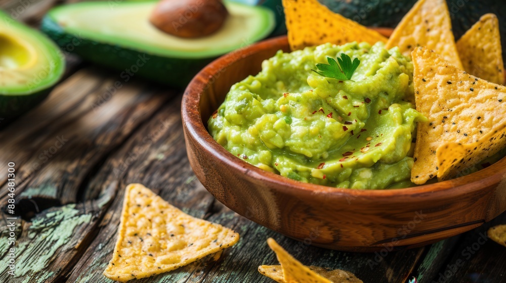 Guacamole avocado mash dip with tortilla chips and fresh avocados. Guacamole avocado mash dip with tortilla chips and fresh avocados.