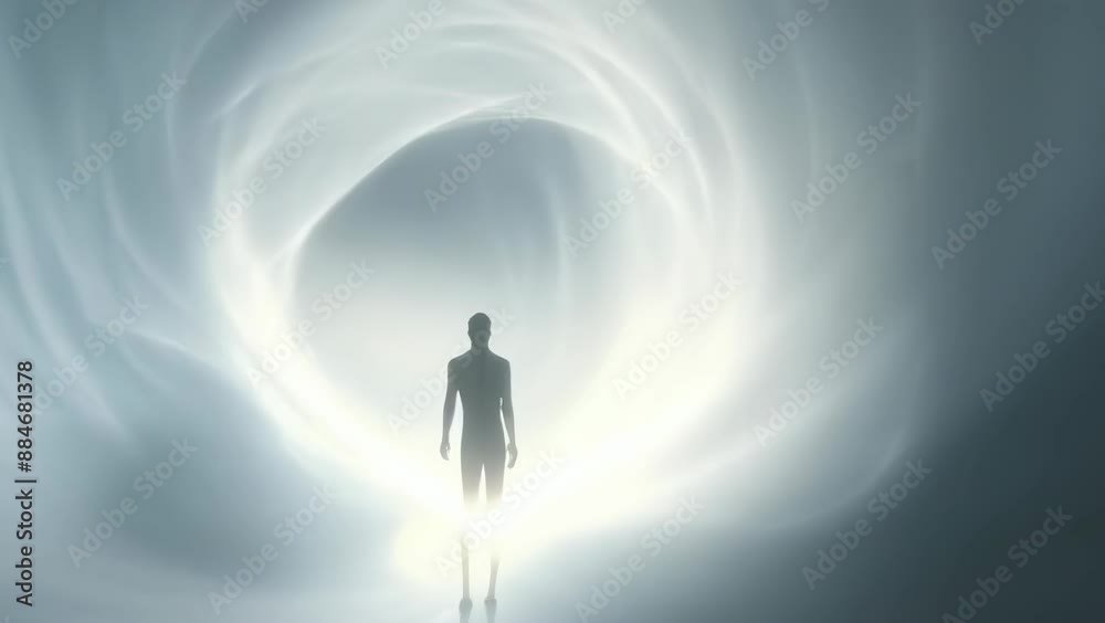 An individual, possibly of unknown age and gender, stands silhouetted against a swirling vortex of light. The surreal scene suggests a dream-like or otherworldly setting, evoking mystery and intrigue. An individual, possibly of unknown age and gender, stands silhouetted against a swirling vortex of light. The surreal scene suggests a dream-like or otherworldly setting, evoking mystery and intrigue.