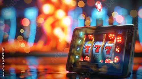 Sleek 3D rendering of a smartphone displaying a vibrant casino slot machine game