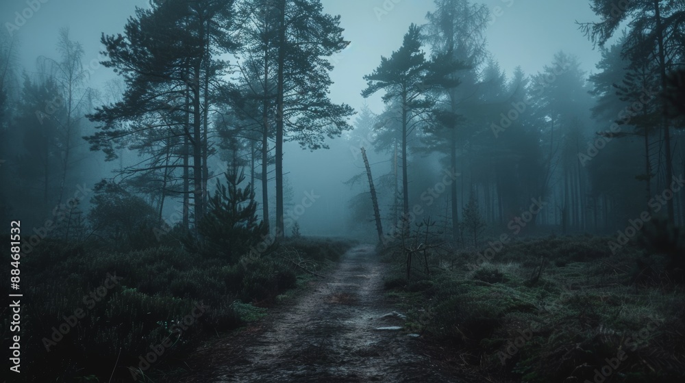 Dense misty forest with a path passing through at night, stunning dark forest scenery. Beautiful dark forest landscape shrouded in fog. Deep forest and moody trees Mysterious and scary forest Dense misty forest with a path passing through at night, stunning dark forest scenery. Beautiful dark forest landscape shrouded in fog. Deep forest and moody trees Mysterious and scary forest