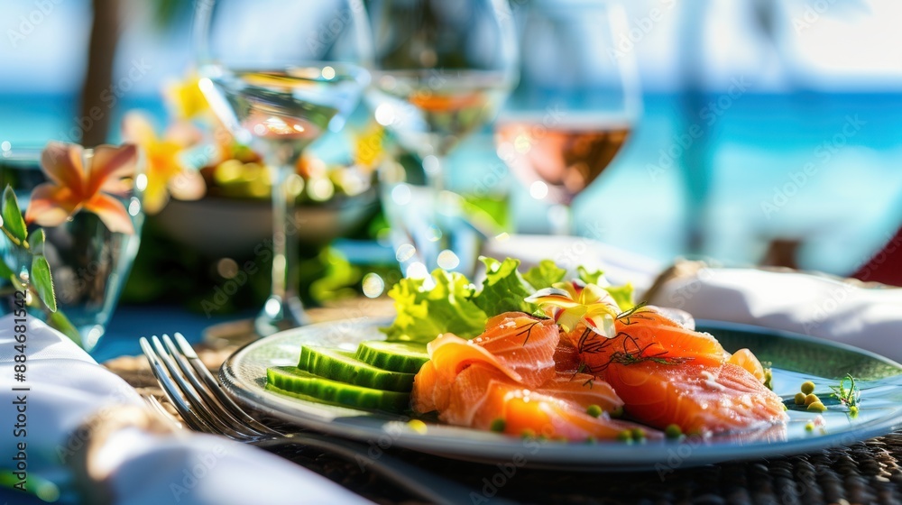 Luxury meal on table with sea