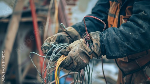 electrician holding wires A crook cuts a cable. Wires are in the hands of a worker. Electrician with wires in building under construction Replacement wiring during repairs electrician at work