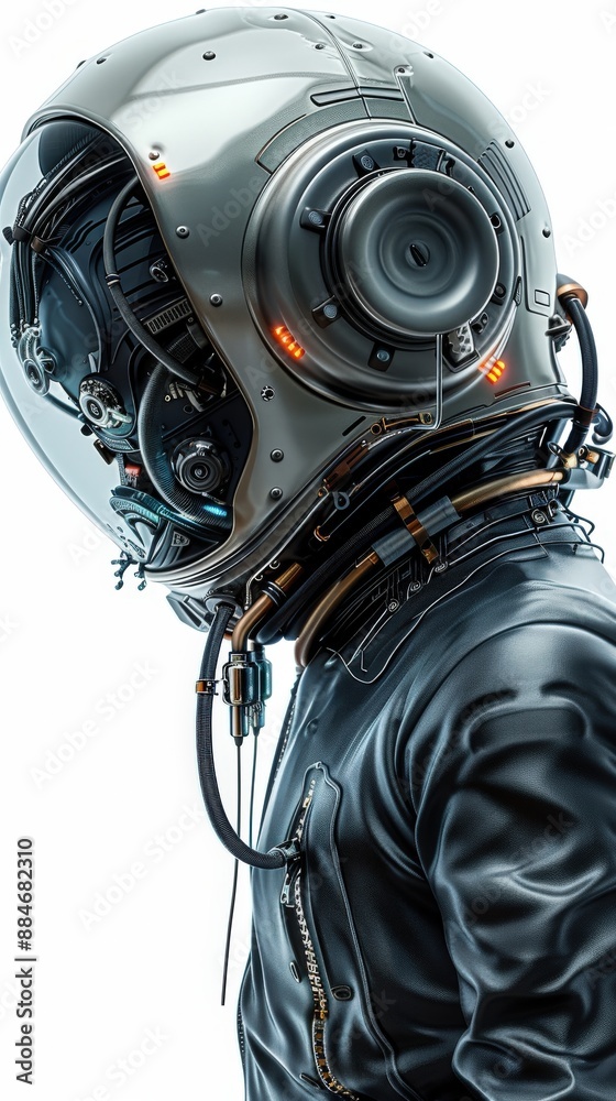 Futuristic astronaut in advanced space suit with helmet, cables, and complex technology, isolated on white background. Futuristic astronaut in advanced space suit with helmet, cables, and complex technology, isolated on white background.