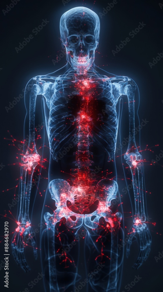 X-ray image of human skeletal system highlighting joints and inflammation spots, representing medical and health-related issues. X-ray image of human skeletal system highlighting joints and inflammation spots, representing medical and health-related issues.