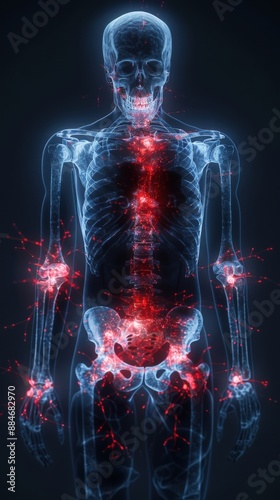 X-ray image of human skeletal system highlighting joints and inflammation spots, representing medical and health-related issues. © lertsakwiman
