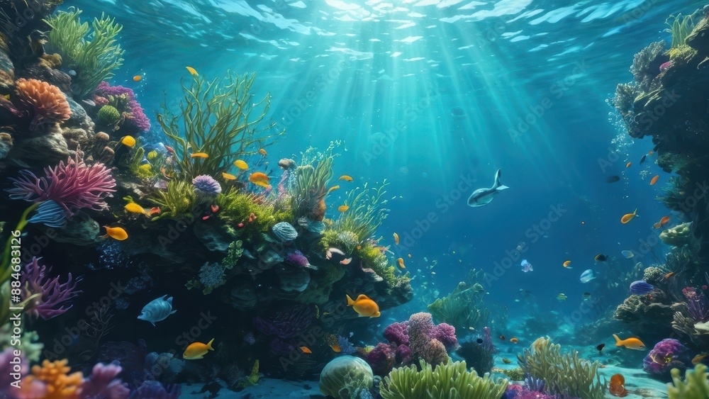 Fototapeta premium Underwater Coral Reef with Fish and Sunbeams.