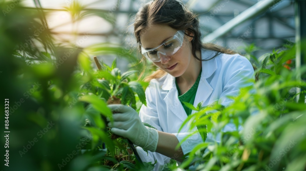Female scientist examining plants in a greenhouse farm Scientist holding equipment for research plant on organic farm Quality Control for Hydroponics Female scientist examining plants in a greenhouse farm Scientist holding equipment for research plant on organic farm Quality Control for Hydroponics