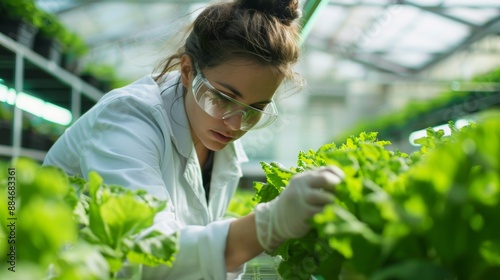 Female scientist examining plants in a greenhouse farm Scientist holding equipment for research plant on organic farm Quality Control for Hydroponics