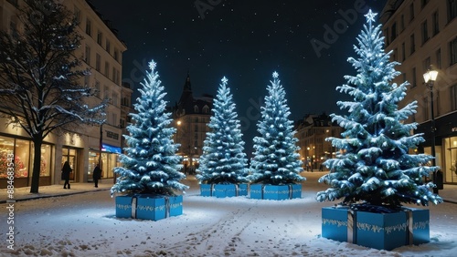 Christmas Trees in a Snowy City Square at Night.