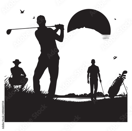 Golf swing player pose vector silhouette black color
