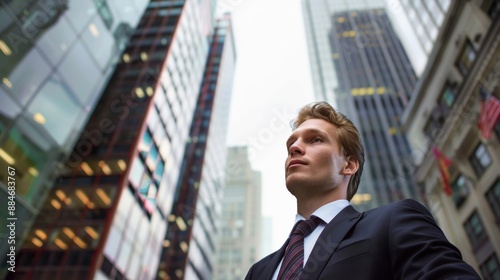 Wallpaper Mural Financial trading manager who is analyzing stock market indicators financial information and charts with business skyscrapers in the background. Torontodigital.ca