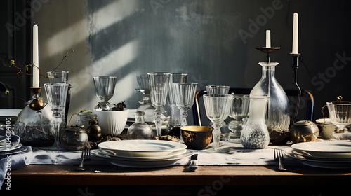 Monochrome Majesty: An Artistic Rendering of a Fine Dining Table Setup in Black and White photo