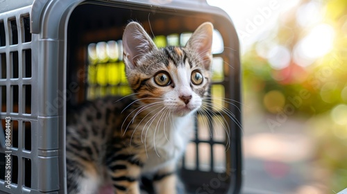 Cat confined in cage carrier against blurred background for secure pet transportation purposes