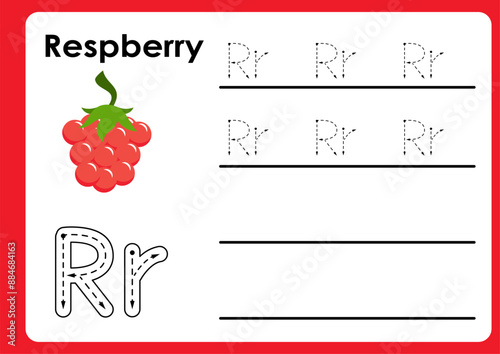 Letter r worksheet with respberry. Alphabet Tracing Activity Workbook in Colorful Cute Illustrative Style photo