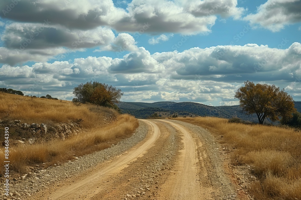 Fototapeta premium Tranquil dirt road winding through a serene rural landscape with lush clouds overhead