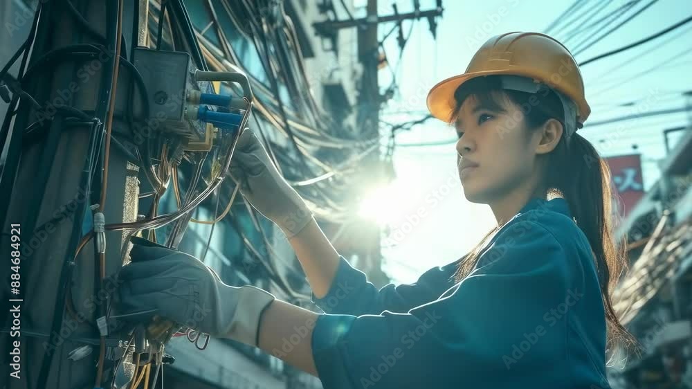 A young Asian woman, wearing a hard hat and gloves, works on power lines during the day. She is focused and appears to be repairing or installing electrical wiring while sunlight illuminates the