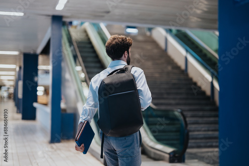 Rear view of a businessman with a backpack and notepad walking through a modern airport terminal towards escalators.