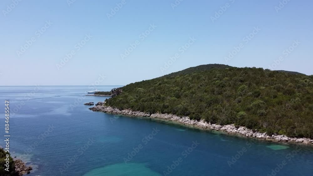 Aerial of Mourtemeno Island in Syvota, Greece, Mediterranean Aerial of Mourtemeno Island in Syvota, Greece, Mediterranean