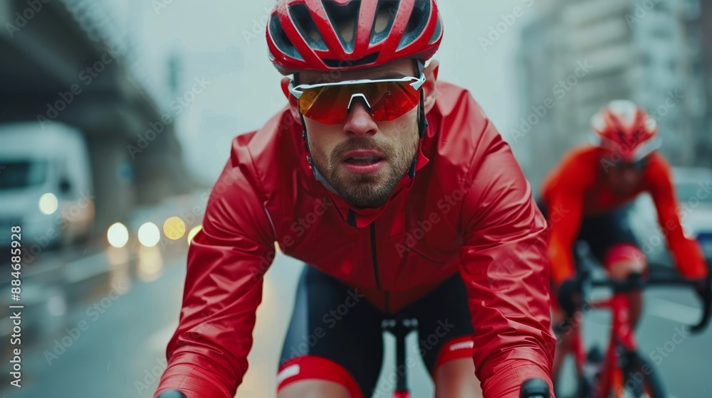 Athlete biker in helmet and sunglasses riding bike with blurred background in close up view Athlete biker in helmet and sunglasses riding bike with blurred background in close up view
