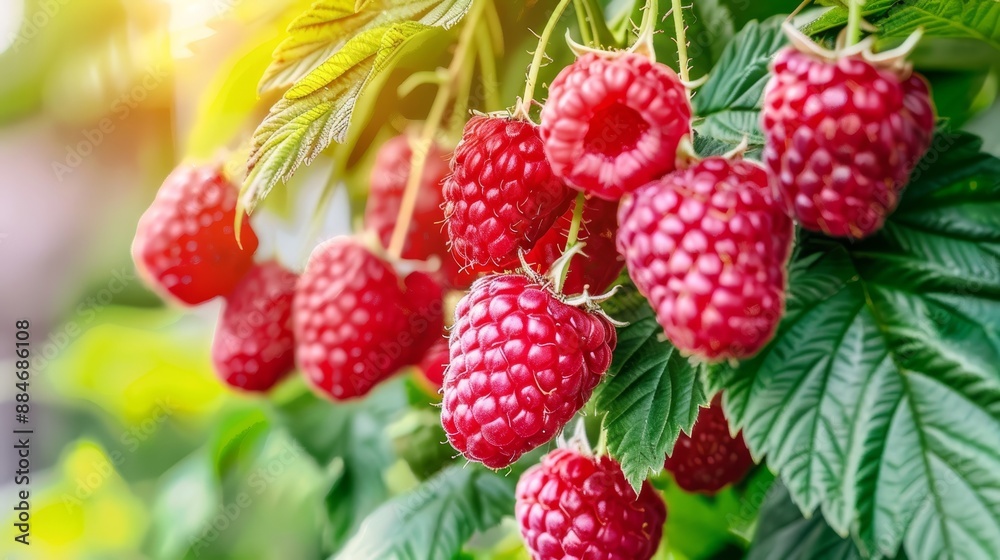 Close up of ripe raspberries growing with soft focus background for stunning visual impact Close up of ripe raspberries growing with soft focus background for stunning visual impact