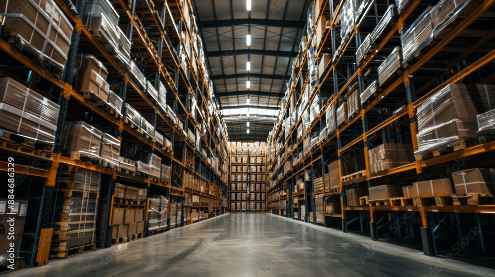 Large distribution warehouse with high shelves and loaders. Inside the warehouse Large distribution warehouse with high shelves and loaders. Inside the warehouse
