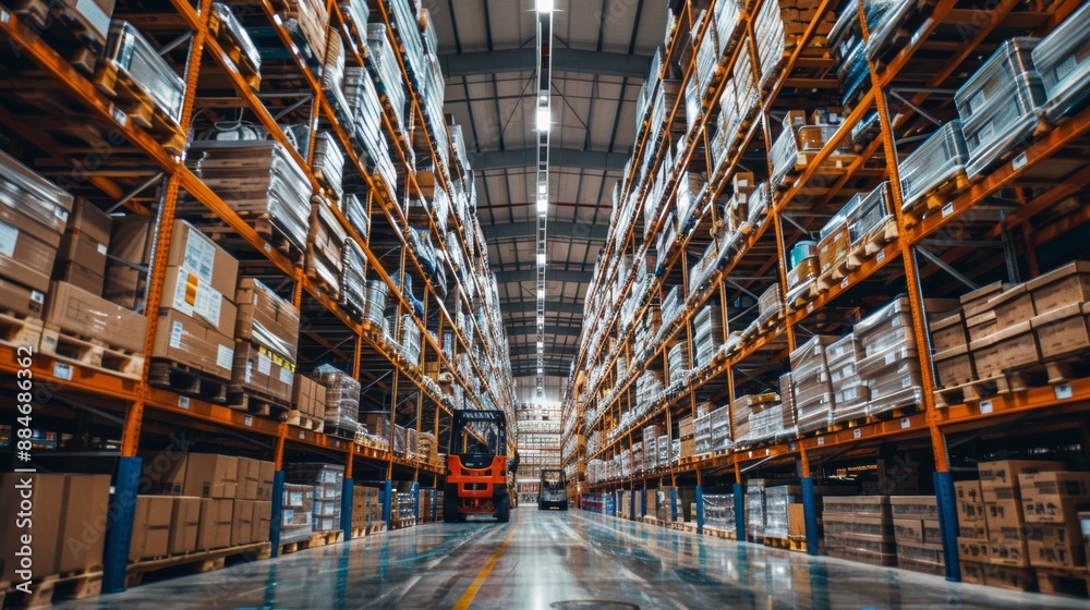 Fototapeta premium Large distribution warehouse with high shelves and loaders. Inside the warehouse