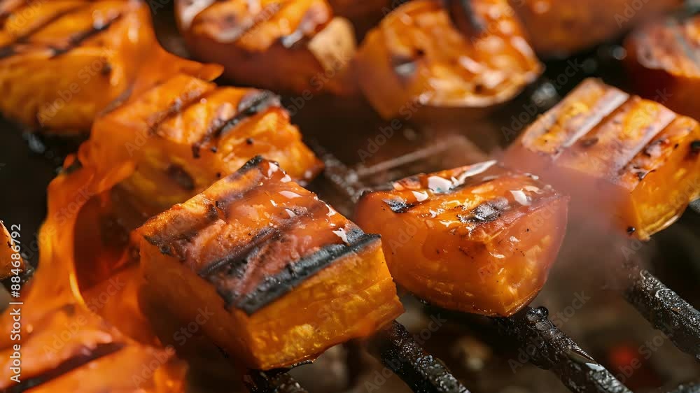 Grilled sweet potato cubes coated in a sweet and y glaze ready to be devoured. Grilled sweet potato cubes coated in a sweet and y glaze ready to be devoured.