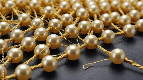 Close-up of a pearl necklace with a gold chain.