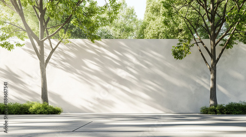 Fototapeta Naklejka Na Ścianę i Meble -  White concrete wall at the city street. Cement fence with trees exterior for background and mockup.