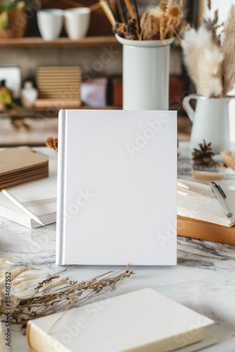 Mockup of a new book with blank white cover standing on the table. Front view of magazine mockup. Square template for social media post for books and advertisement.