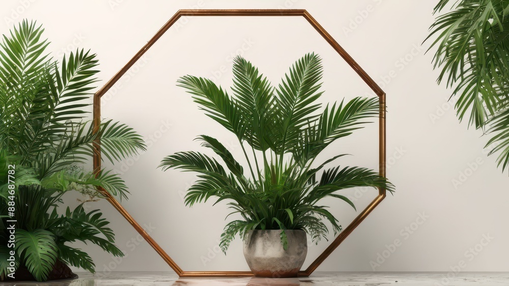 Fototapeta premium Tropical Plants with Golden Frame Minimalist Background.
