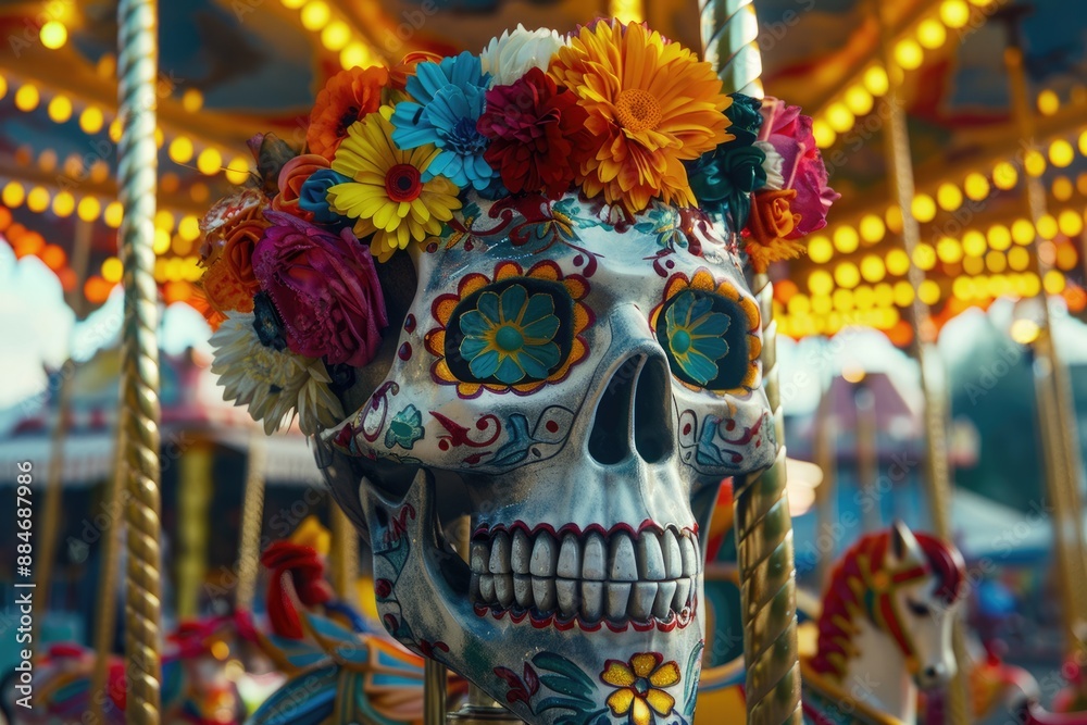 Fototapeta premium Mexican skull with flowers: an iconic representation of dia de muertos, showcasing the rich cultural heritage and deep significance of this festival dedicated to remembering the departed.