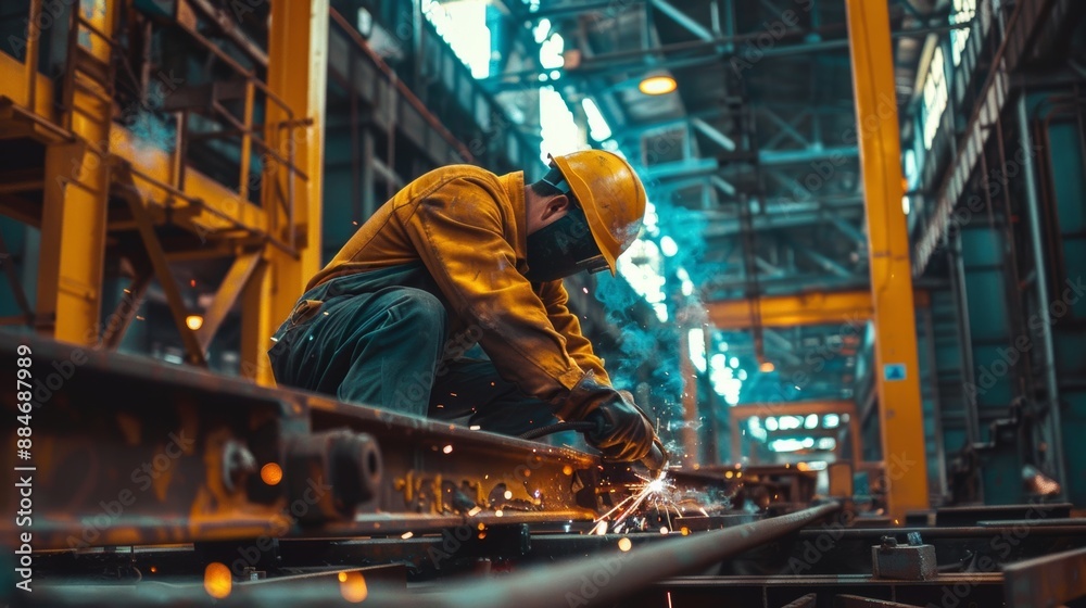 Photos of industrial workers factory worker welding steel structure Photos of industrial workers factory worker welding steel structure
