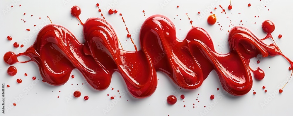 Top view of red ketchup splashes, tomato puree texture isolated on a white background, rich and vibrant, ideal for culinary designs and food photography, no shadow, copy space Top view of red ketchup splashes, tomato puree texture isolated on a white background, rich and vibrant, ideal for culinary designs and food photography, no shadow, copy space