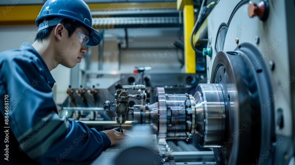 An industrial engineer wearing a safety suit measures the control of a working object on a lathe working in an industrial plant. An industrial engineer wearing a safety suit measures the control of a working object on a lathe working in an industrial plant.