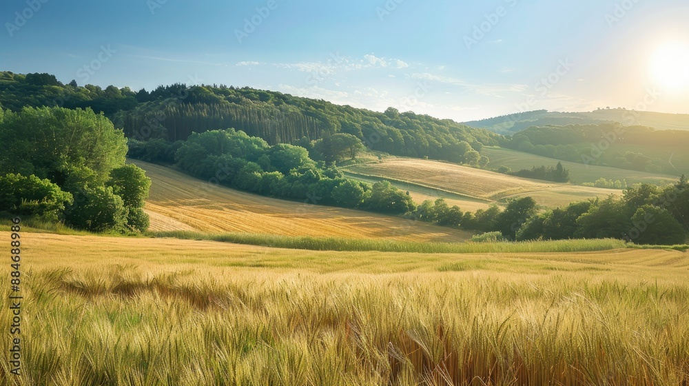 Scenic summer vista with wheat fields wooded hill trees and clear sky emphasizing nature s beauty eco conservation and farming Scenic summer vista with wheat fields wooded hill trees and clear sky emphasizing nature s beauty eco conservation and farming