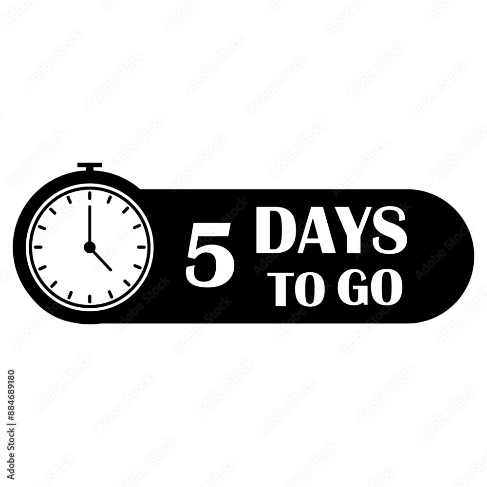 Countdown timer icon. Vector illustration. 5 days to go text. Black and white. Countdown timer icon. Vector illustration. 5 days to go text. Black and white.