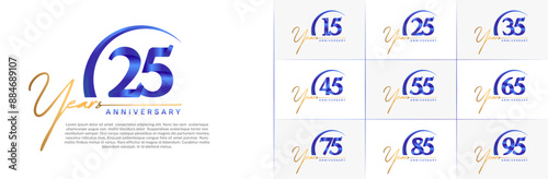 anniversary logotype set vector, gold and blue color with swoosh for special day celebration
