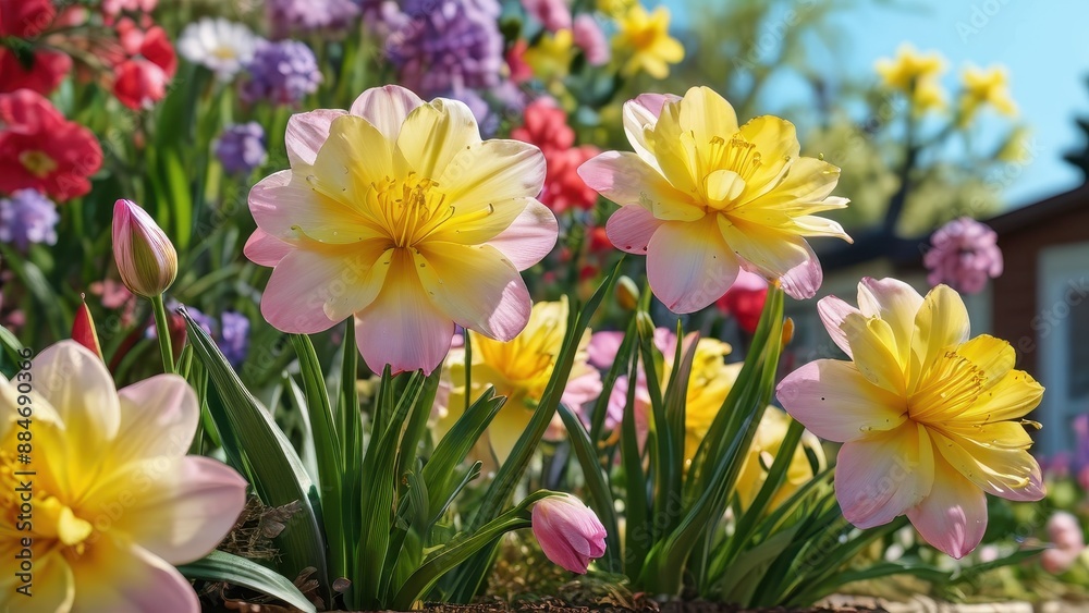 Fototapeta premium Pink and Yellow Flowers in a Garden.