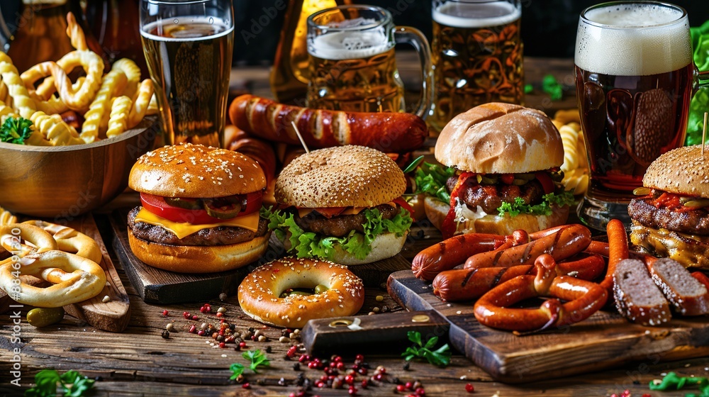 A variety of beers paired with delicious foods like burgers, pretzels, and sausages, presented on a rustic table. Ideal for themes of culinary delights, social dining, and festive occasions. A variety of beers paired with delicious foods like burgers, pretzels, and sausages, presented on a rustic table. Ideal for themes of culinary delights, social dining, and festive occasions.